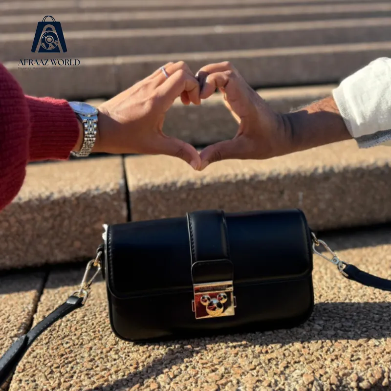 Elegant Black Leather Crossbody Bag with Golden Lock – Afraaz World