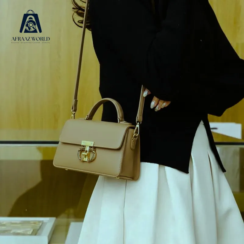 Elegant Black Leather Handbag for Women | Gold Ring Lock Premium Top Handle Bag by Afraaz World