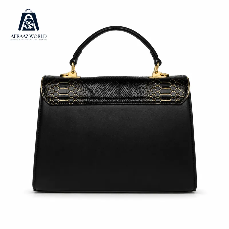 Black Snakeskin-Embossed Top Handle Bag with Ornate Gold Clasp