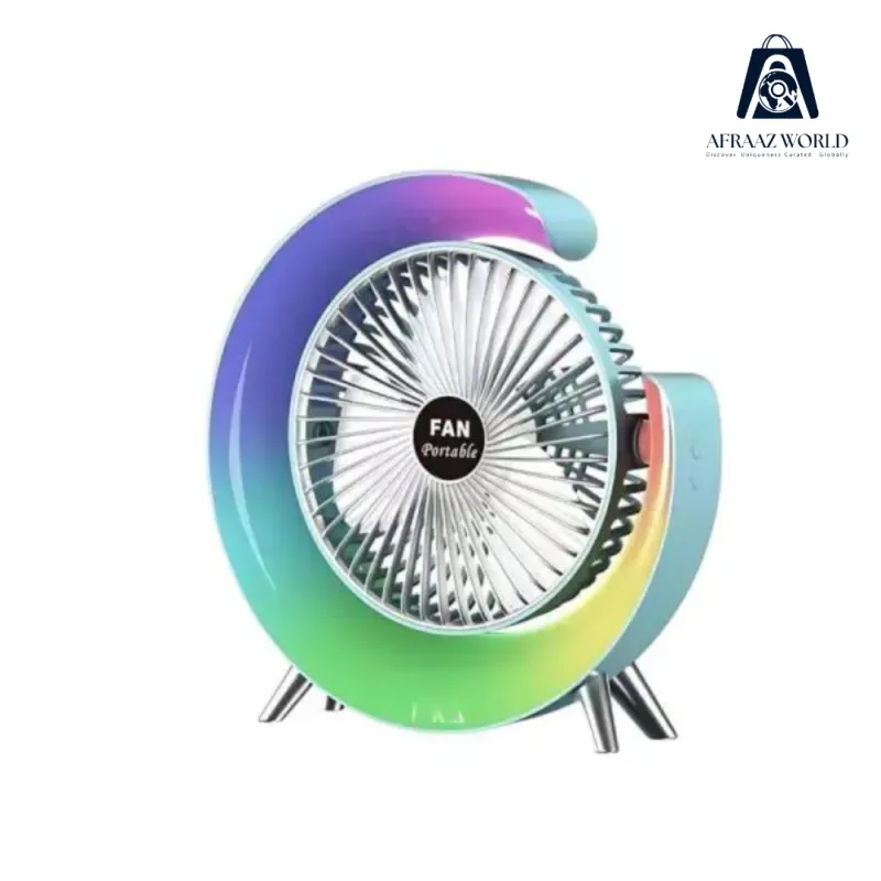USB Rechargeable Portable Fan with 7-Color LED Light – Compact 180° Adjustable Electric Fan for Camping, Travel & Desktop Use – 3 Wind Speed Modes